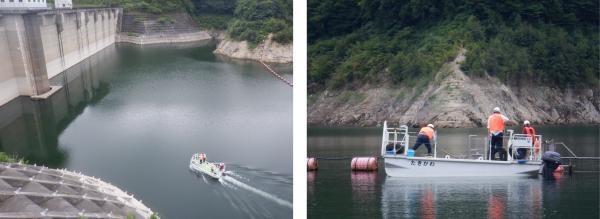 巡視船で湖面を確認している写真です
