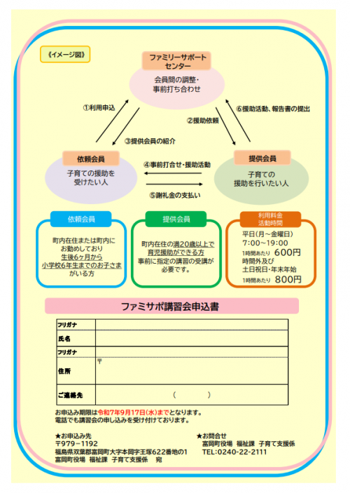ファミリーサポートセンター事業のイメージ図と申込書の書式。