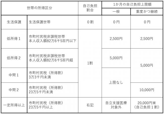 自負担額の一覧