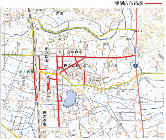 薬剤散布を実施する道路路線の図